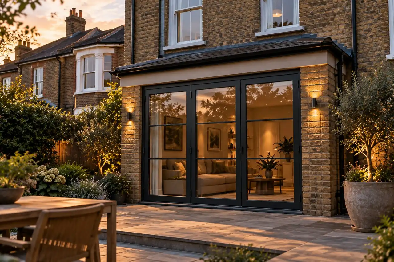 Black aluminium bifold doors on a period brick extension at dusk